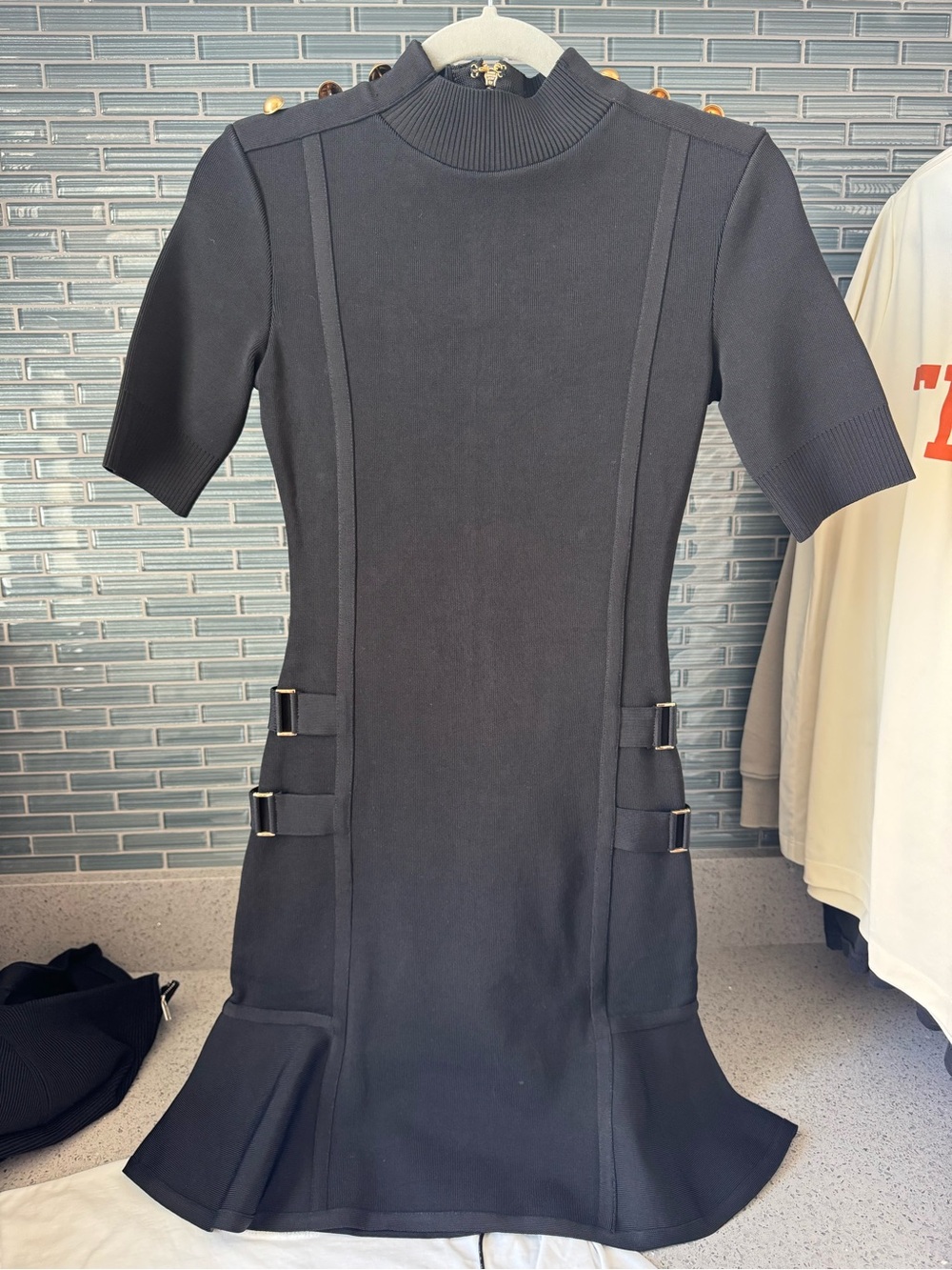 bebe Black Short-Sleeve Knit Dress with Buckle Accents